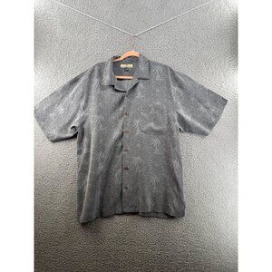 Tommy Bahama Palm Tree Print 100% Silk Button-Up Short Sleeve Shirt Gray Size L
